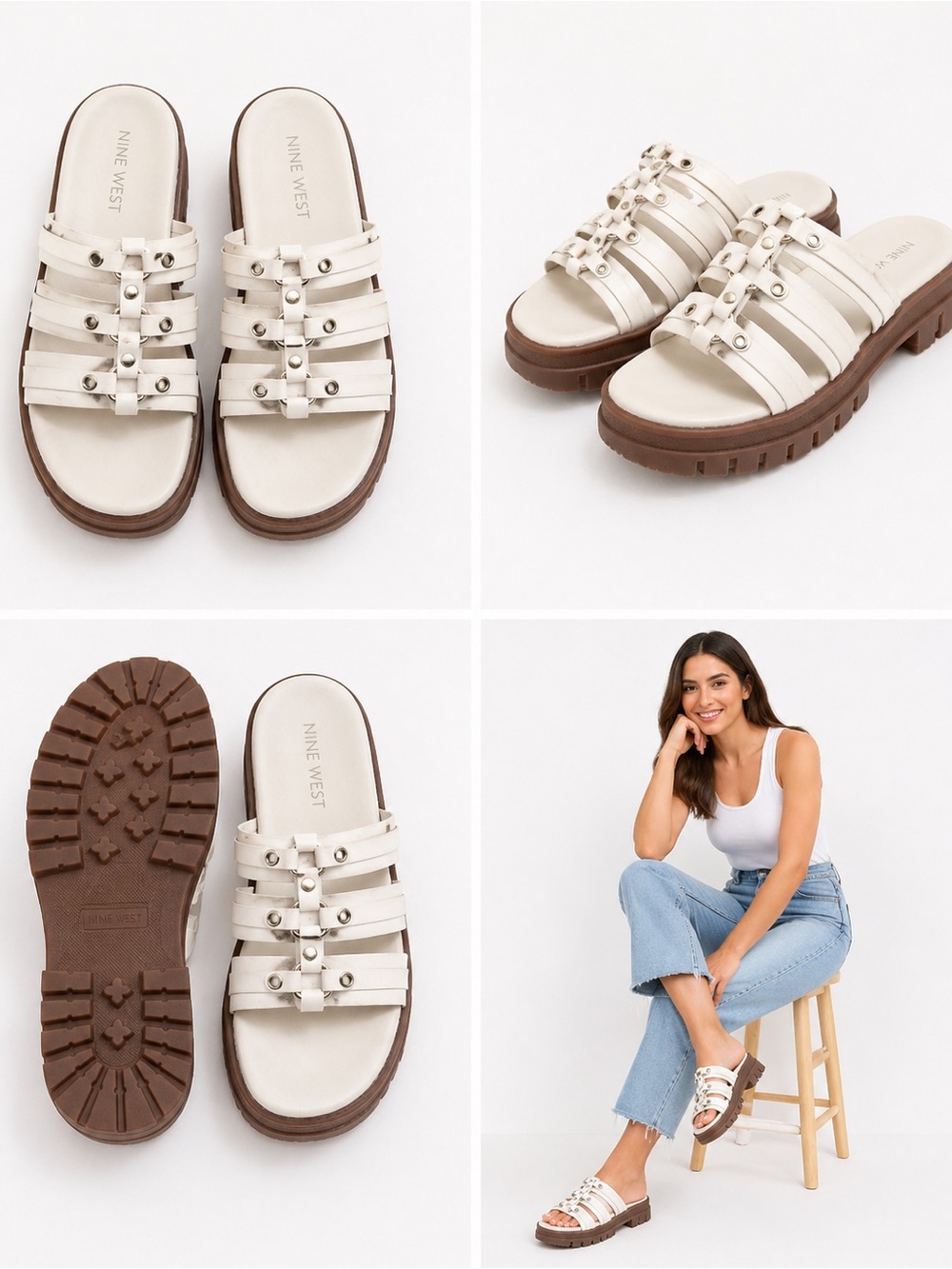 Nine‎ West Cream Strappy Stud Platform Slide Sandals